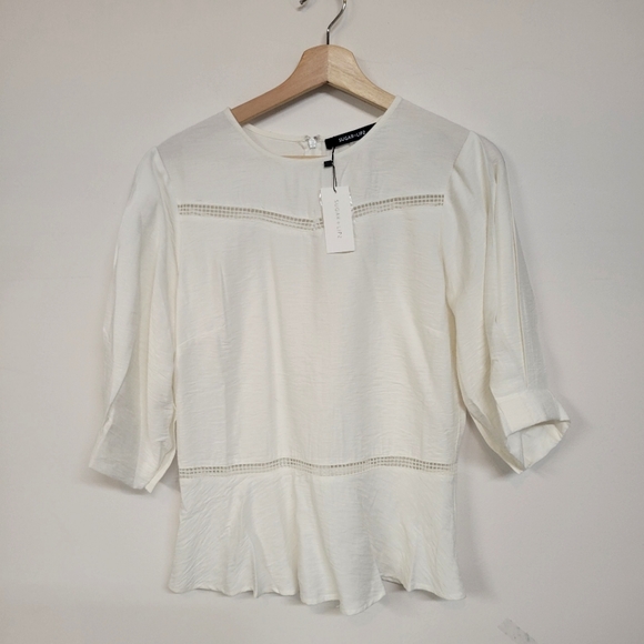 NWT Sugar + Lips Crochet Trim Puff sleeve white zip-up blouse top, size Large - Picture 8 of 11